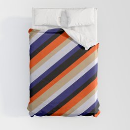 [ Thumbnail: Eyecatching Red, Tan, Lavender, Midnight Blue, and Black Colored Lines/Stripes Pattern Duvet Cover ]