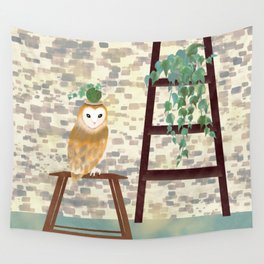 Bonsai Owl and ivy potted plant on ladder shelf Wall Tapestry