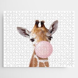 Baby Giraffe Blowing Bubble Gum, Pink Nursery, Baby Animals Art Print by Synplus Jigsaw Puzzle
