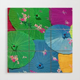 Multi-colored Chinese umbrellas / parasols with tropical pink flower petals color photograph / photography for home and wall decor Wood Wall Art