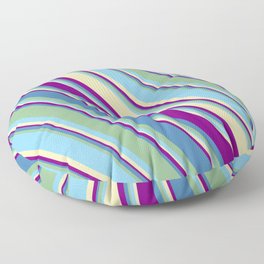 [ Thumbnail: Eyecatching Blue, Dark Sea Green, Sky Blue, Beige, and Purple Colored Lines Pattern Floor Pillow ]