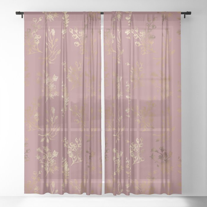 Mauve pink faux gold wildflowers illustration Sheer Curtain