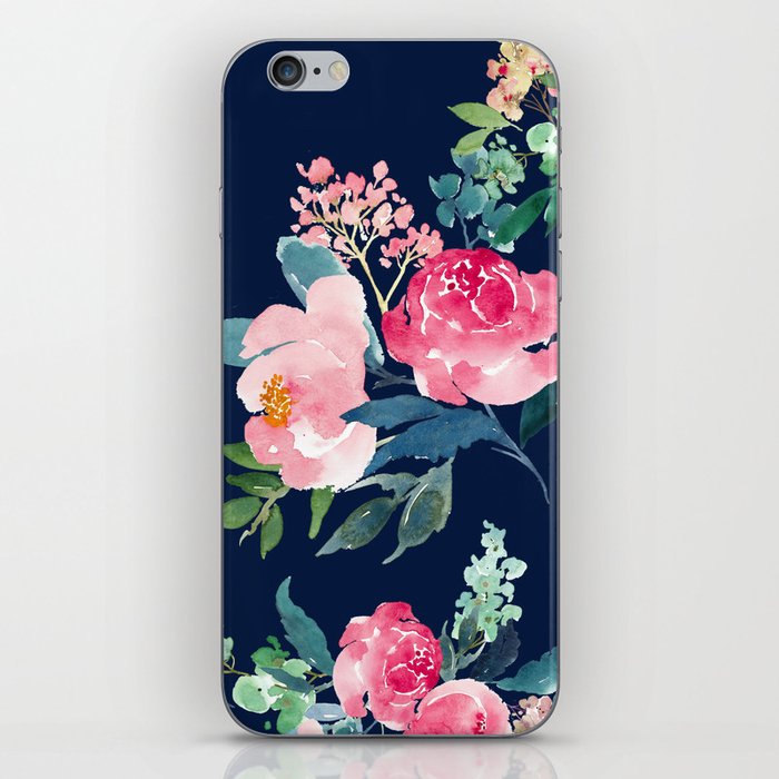 Navy and Pink Watercolor Peony iPhone Skin