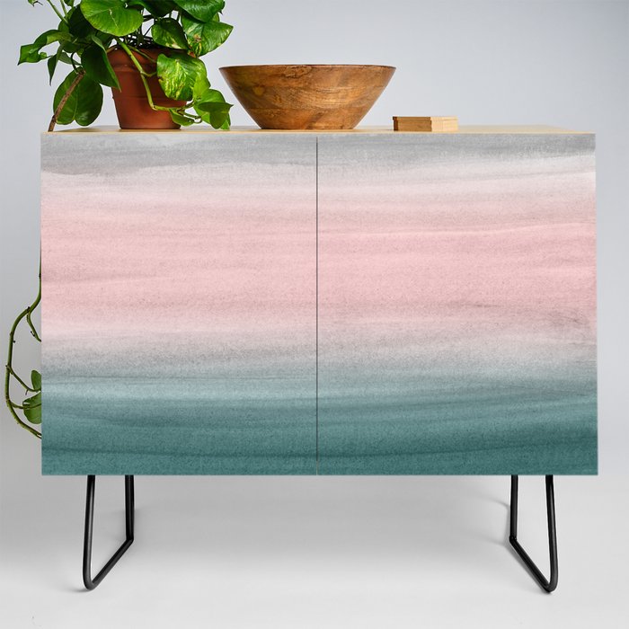 Touching Teal Blush Gray Watercolor Abstract #1 #painting #decor #art #society6 Credenza