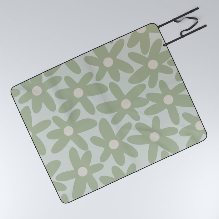 Daisy Time Retro Floral Pattern in Sage and Celadon Picnic Blanket