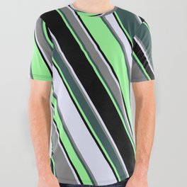 [ Thumbnail: Eye-catching Lavender, Grey, Dark Slate Gray, Green & Black Colored Pattern of Stripes All Over Graphic Tee ]