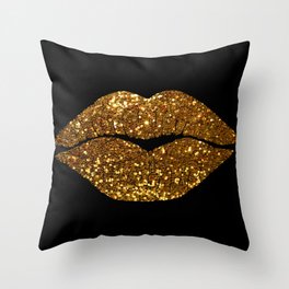 Gold Sparkle Kissing Lips Throw Pillow