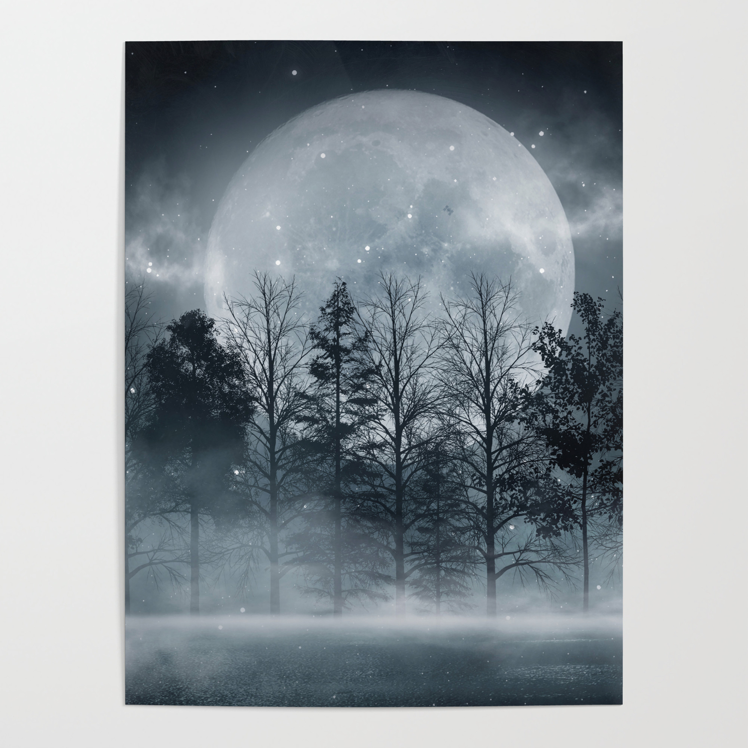 Dark forest. Gloomy dark scene with trees, big moon, moonlight. Smoke,  shadow. Abstract dark, cold street background. Night view. Poster by Simple  To Elegant | Society6
