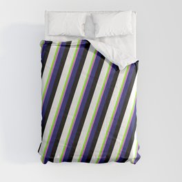 [ Thumbnail: Eyecatching Chartreuse, Orchid, Midnight Blue, Black, and White Colored Lines/Stripes Pattern Comforter ]