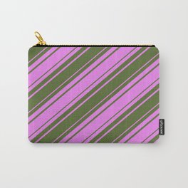 [ Thumbnail: Violet and Dark Olive Green Colored Lines/Stripes Pattern Carry-All Pouch ]