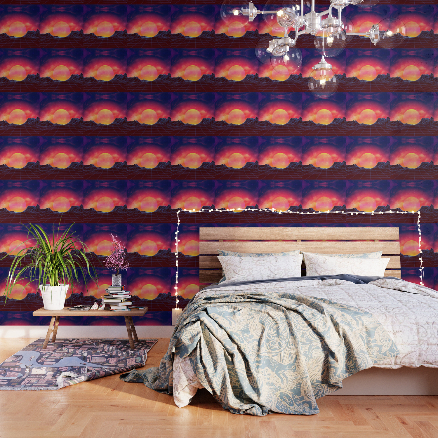 Neon Glowing Grid Rocks Retro Futuristic Landscape Design