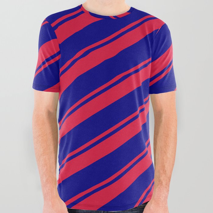 Crimson and Blue Colored Lines/Stripes Pattern All Over Graphic Tee