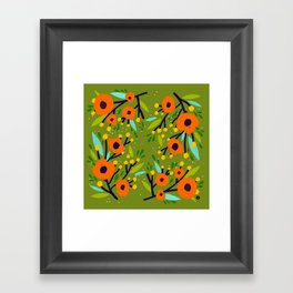 Leta Floral in Olive Green - Vintage Retro Flowers - Digital Painting Framed Art Print