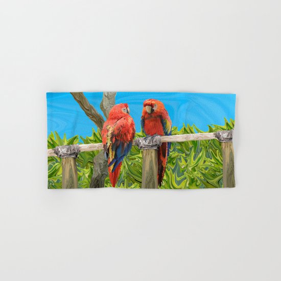 Scarlet Macaw Parrots Perching Hand & Bath Towel