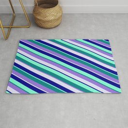 [ Thumbnail: Eye-catching Teal, Purple, Lavender, Dark Blue, and Aquamarine Colored Pattern of Stripes Rug ]