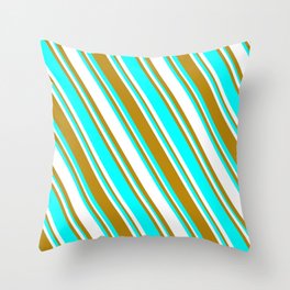 [ Thumbnail: White, Dark Goldenrod, and Aqua Colored Striped Pattern Throw Pillow ]