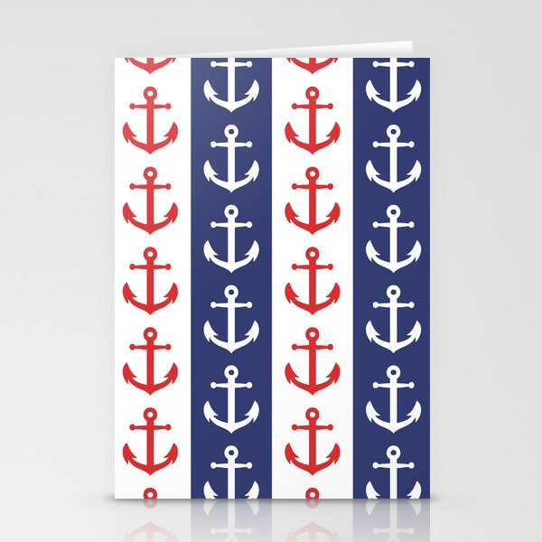 Retro Navy Anchor and Stripes Pattern 229 Red White and Blue Stationery Cards