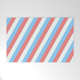 [ Thumbnail: Light Sky Blue, Light Coral, and Mint Cream Colored Lined Pattern Welcome Mat ]