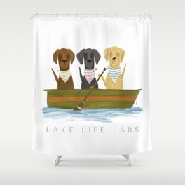 Lake life labrador labs dog boat oar lakehouse lake house art Shower Curtain