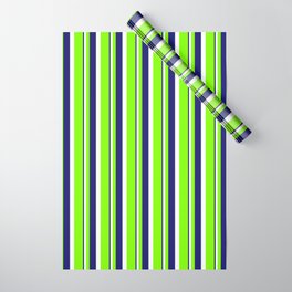 [ Thumbnail: Chartreuse, White & Midnight Blue Colored Stripes Pattern Wrapping Paper ]