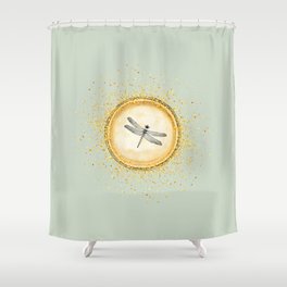 Sketched Dragonfly Gold Circle Pendant on Apple Green Shower Curtain
