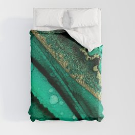 Malachite inspired alcohol ink painting with flecks of gold and hints of black and emerald green Duvet Cover