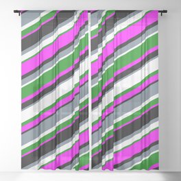 [ Thumbnail: Eyecatching Slate Gray, White, Green, Fuchsia, and Black Colored Striped Pattern Sheer Curtain ]