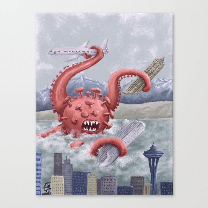 Sea Monster Attacks Downtown Seattle Canvas Print