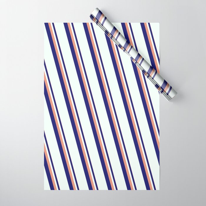 Dark Salmon, Midnight Blue & Mint Cream Colored Stripes Pattern Wrapping Paper