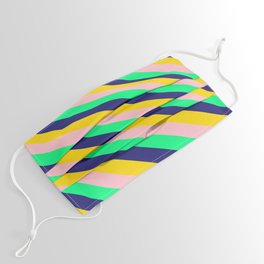 [ Thumbnail: Pink, Green, Midnight Blue & Yellow Colored Lines Pattern Face Mask ]