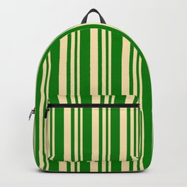 [ Thumbnail: Beige and Green Colored Lined/Striped Pattern Backpack ]