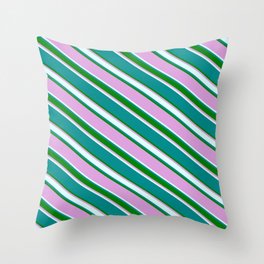 [ Thumbnail: Dark Cyan, Green, Plum & Light Cyan Colored Striped Pattern Throw Pillow ]