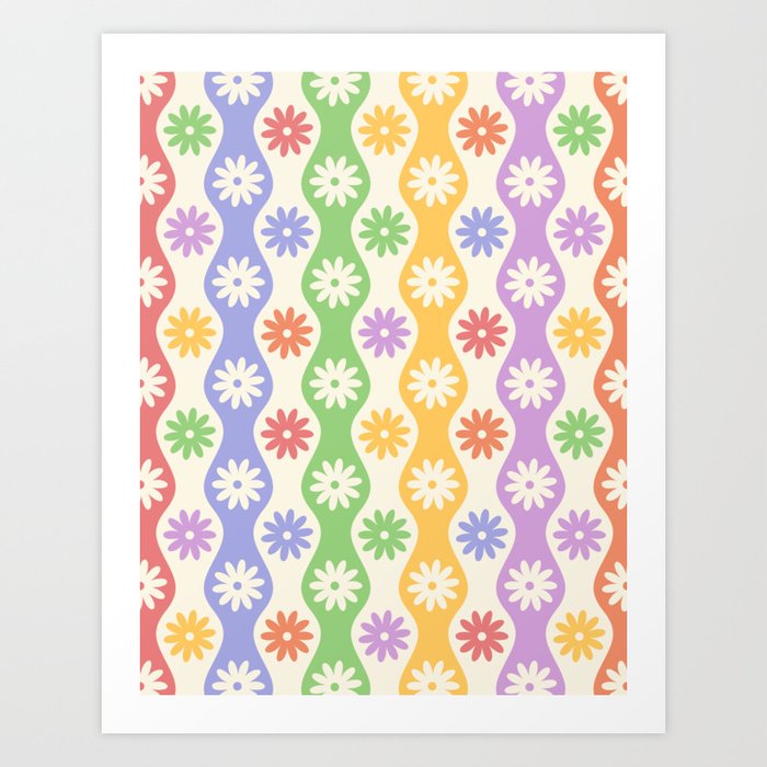 Retro Wavy Stripes with Colorful Flowers Art Print