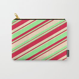 [ Thumbnail: Bisque, Green, and Crimson Colored Striped/Lined Pattern Carry-All Pouch ]