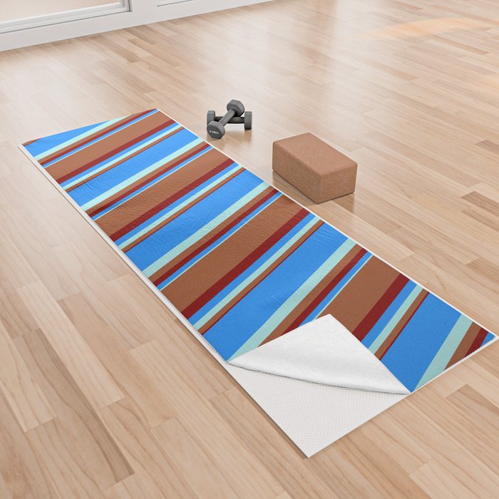 Turquoise, Blue, Maroon, and Sienna Colored Lines Pattern Yoga Towel
