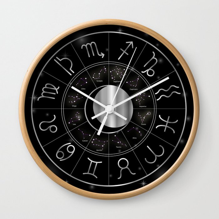 Zodiac astrology wheel Silver astrological signs with moon and stars Wall Clock