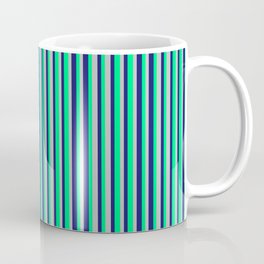 [ Thumbnail: Midnight Blue, Green, and Grey Colored Stripes/Lines Pattern Coffee Mug ]
