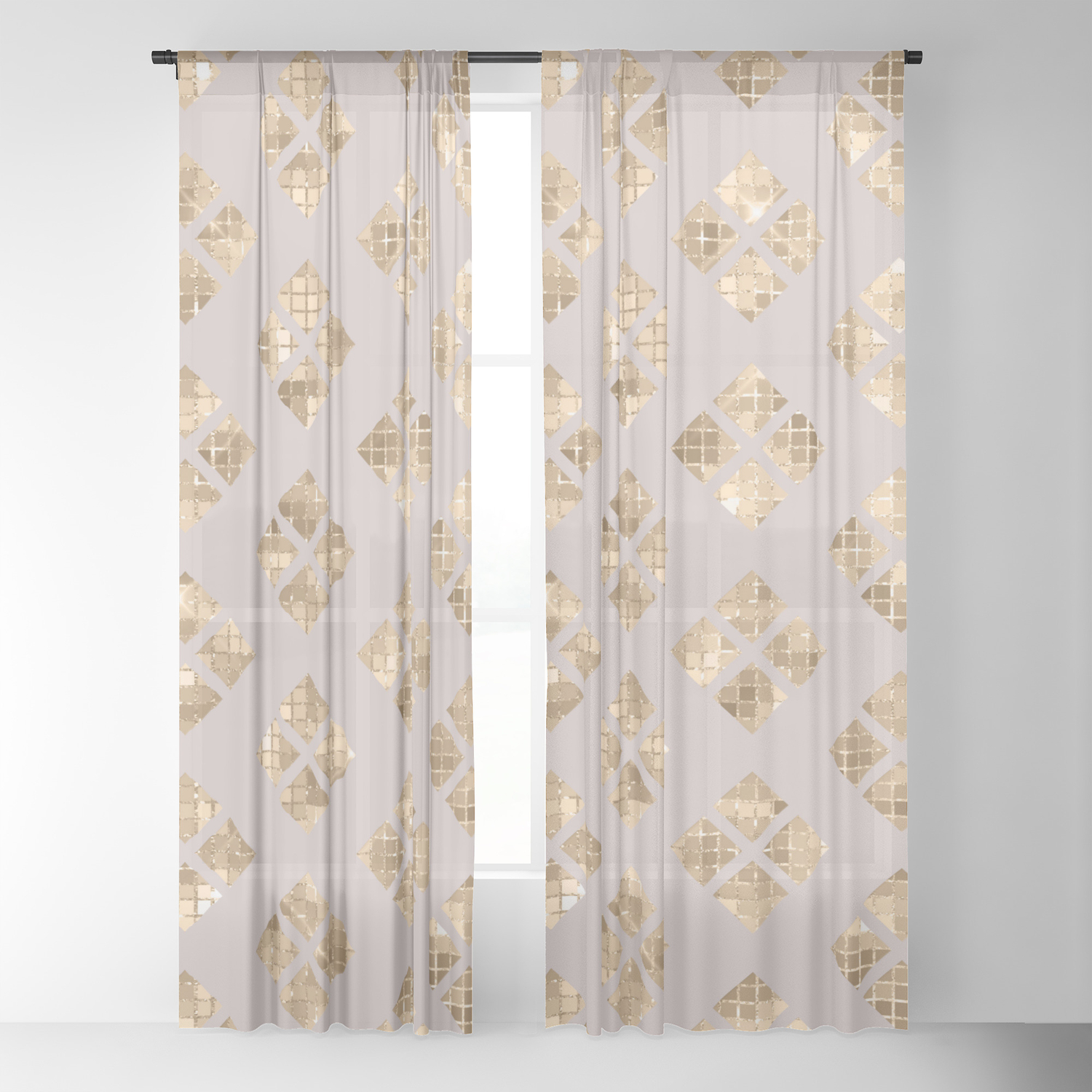 Modern Chic Taupe Gold Sequin Geometric Squares Sheer Curtain By