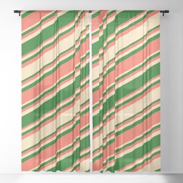 [ Thumbnail: Beige, Dark Green & Red Colored Lined Pattern Sheer Curtain ]