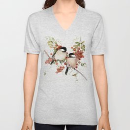 Chickadee Bird Vintage Bird Artwork, two birds, chickadees woodland design V Neck T Shirt