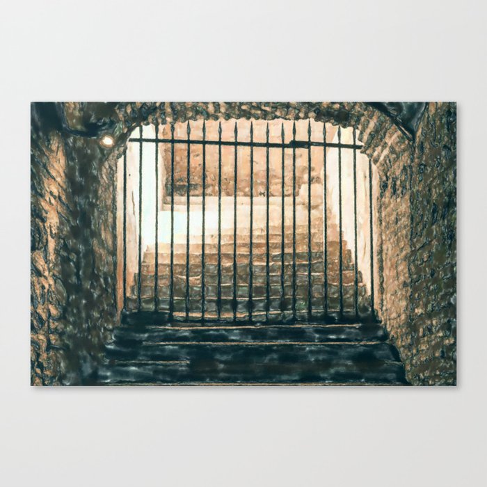 A daunting staircase leading to an iron grid in a medieval dungeon Canvas Print