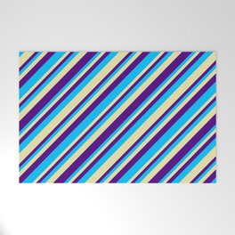 [ Thumbnail: Pale Goldenrod, Indigo & Deep Sky Blue Colored Stripes/Lines Pattern Welcome Mat ]