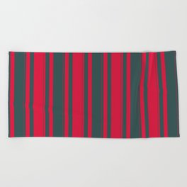 [ Thumbnail: Dark Slate Gray & Crimson Colored Striped/Lined Pattern Beach Towel ]