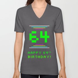 [ Thumbnail: 64th Birthday - Nerdy Geeky Pixelated 8-Bit Computing Graphics Inspired Look V Neck T Shirt V-Neck T-Shirt ]