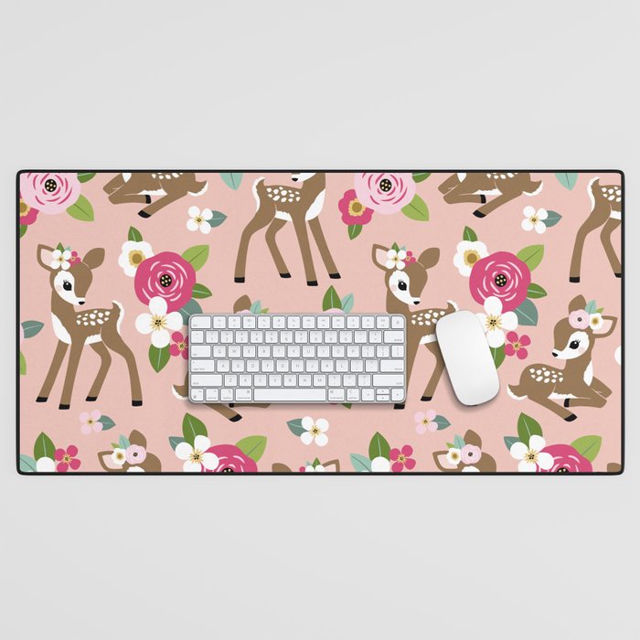 Seamless vintage pattern with cute vintage fawn on pink floral background.  Desk Mat
