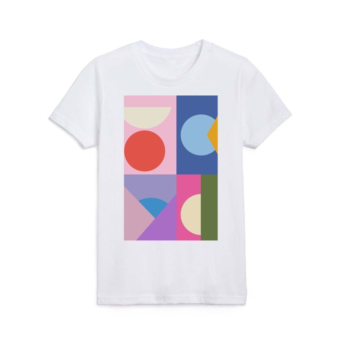Colorful Bauhaus Style Shape Art in Pink, Blue, Yellow, and Green Kids T Shirt