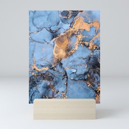 Dusty Blue + Goldenrod Abstract Marble Haze Mini Art Print