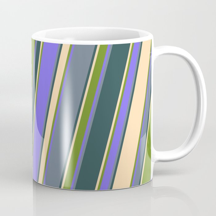 Tan, Green, Medium Slate Blue, Slate Gray, and Dark Slate Gray Colored Lined/Striped Pattern Coffee Mug