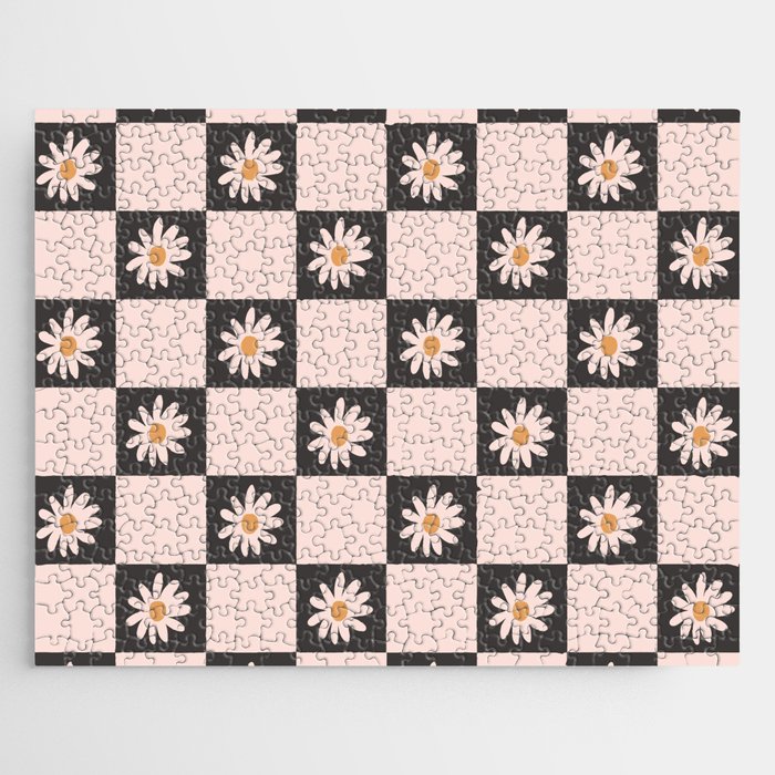 Vintage Blush & Black Floral Checkered Pattern Jigsaw Puzzle
