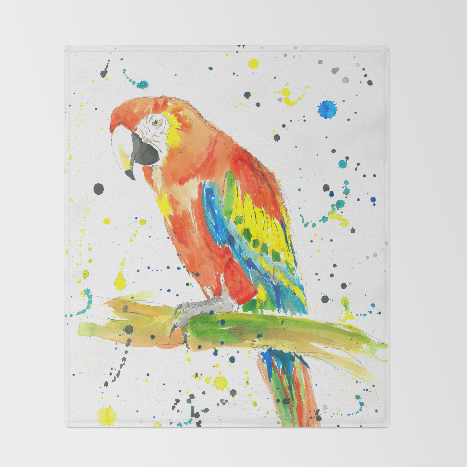 Parrot Scarlet Macaw Watercolor Painting Print Throw Blanket